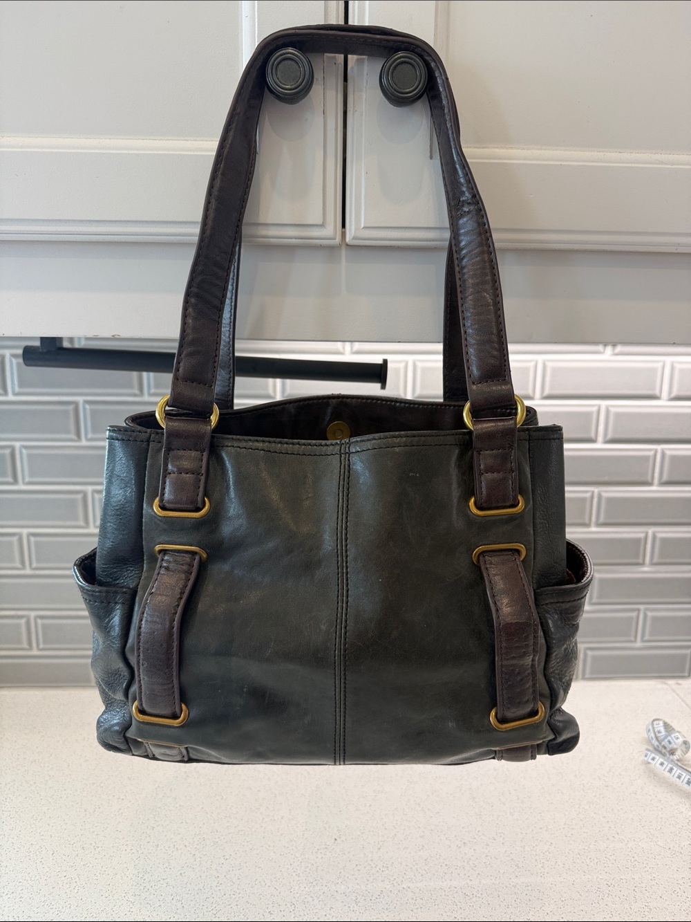Tignanello Dark Green and Brown Leather Shoulder Bag